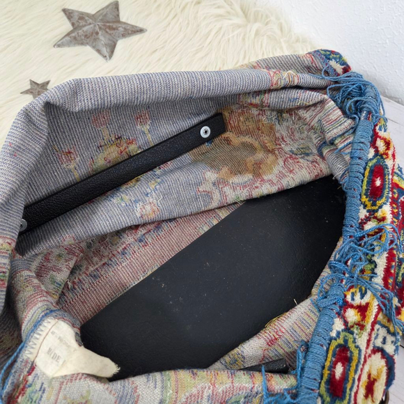 Vintage 60s 70s Carpet Bag blue tapestry kilim large foldover fringe French - Picture 11 of 14